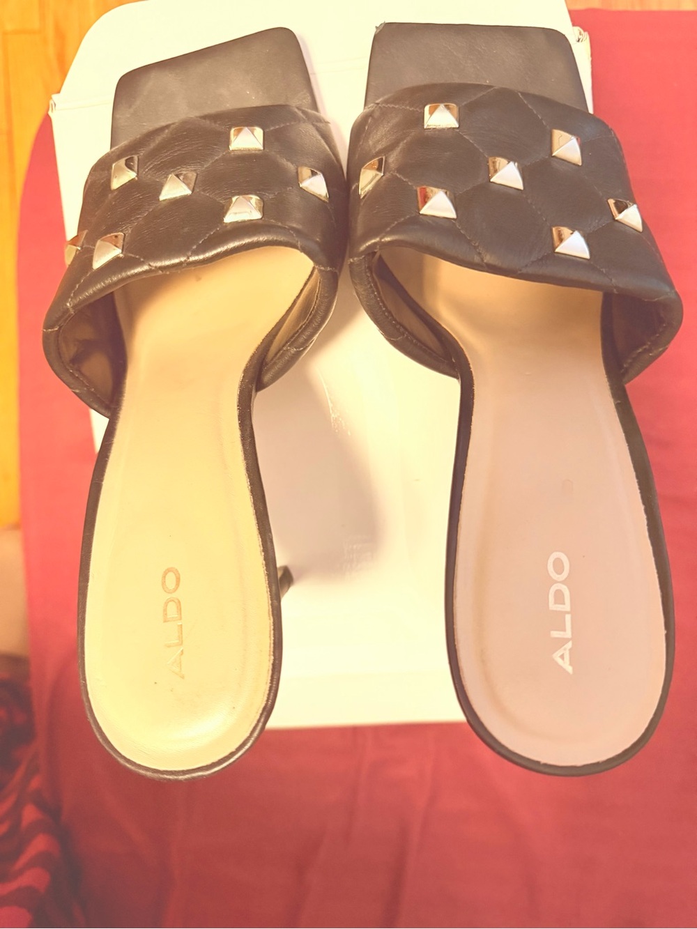 ALDO Black Quilted Slide Mules with Gold Pyramid Studs